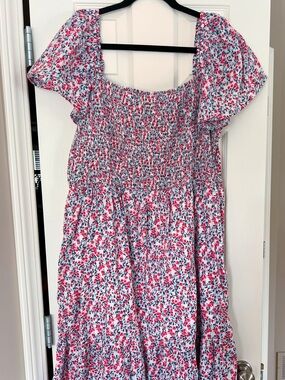 GAP Pink and Blue Floral Smocked Tiered Midi Dress